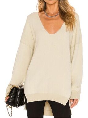 Free People Cream V-Neck Oversized Knit Sweater